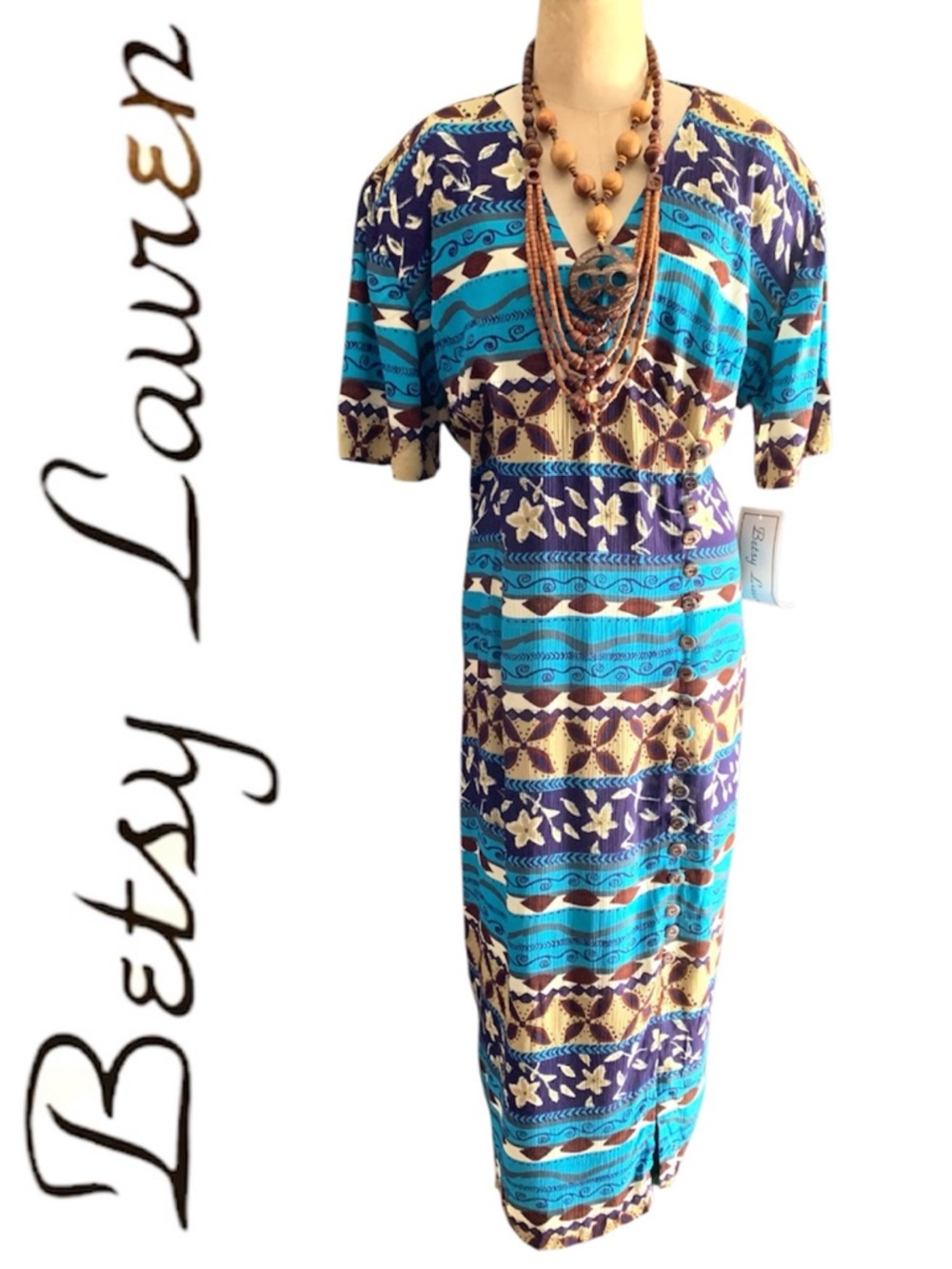 Vintage 80’s-90’s Betsy Lauren Boho Print Faux Wrap Side Button Maxi Dress- 10